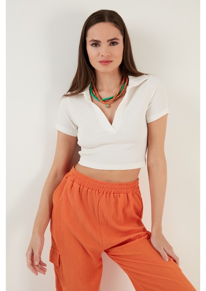 Slim Fit Polo V Yaka Crop Bluz Bayan Bluz 5865035