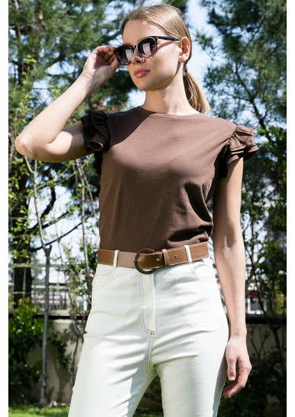 Pamuklu Kolları Fırfırlı Slim Fit Bisiklet Yaka T Shirt Bayan T Shirt 5864500