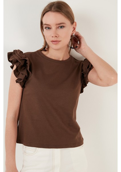 Pamuklu Kolları Fırfırlı Slim Fit Bisiklet Yaka T Shirt Bayan T Shirt 5864500 modelleri