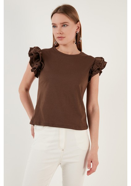 Pamuklu Kolları Fırfırlı Slim Fit Bisiklet Yaka T Shirt Bayan T Shirt 5864500 fırsatları