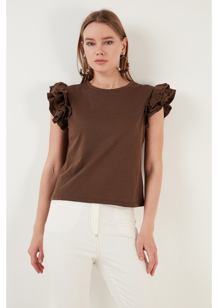 Pamuklu Kolları Fırfırlı Slim Fit Bisiklet Yaka T Shirt Bayan T Shirt 5864500 indirimleri