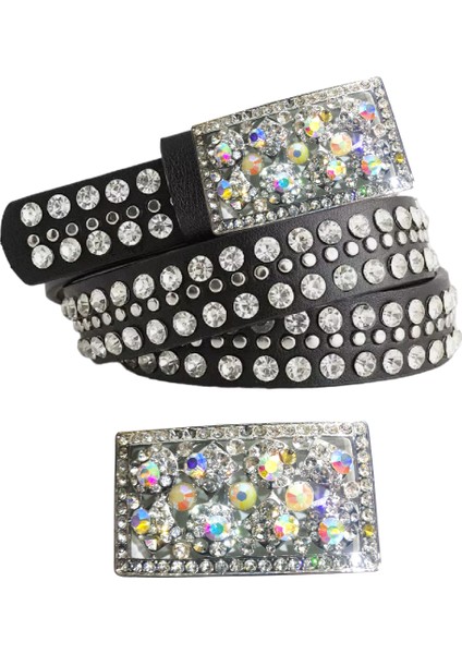 Bayan Üzeri Full Parlak Taşlı Bayan Kemeri Hakiki Deri