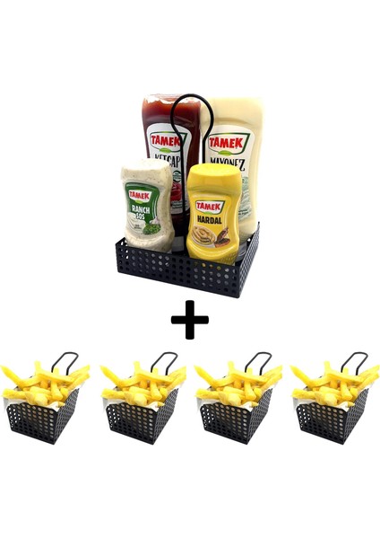 4 Adet Mini Patateslik Ve 1 Adet Sosluk - Cafe, Restaurant Burger Sunum, Servis Ekipmanı Model-1 Siyah