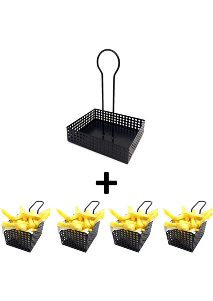 4 Adet Mini Patateslik Ve 1 Adet Sosluk - Cafe, Restaurant Burger Sunum, Servis Ekipmanı Model-1 Siyah