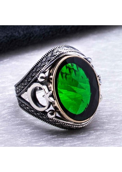 925 Ayar Gümüş Yeşil Zirkon Taşlı Ayyıldız Detaylı Erkek Yüzük