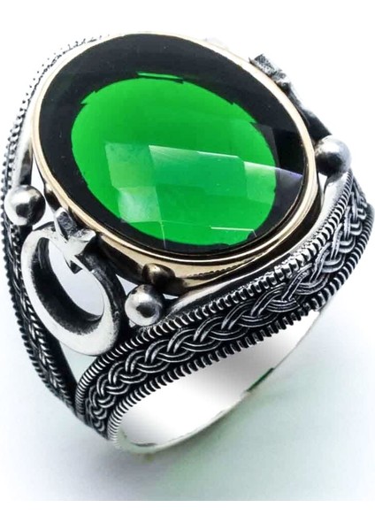 925 Ayar Gümüş Yeşil Zirkon Taşlı Ayyıldız Detaylı Erkek Yüzük fiyatları