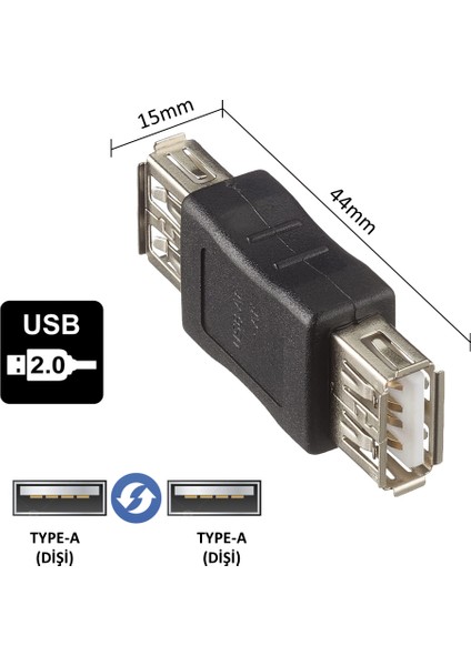 USB 2.0 TYPE-A Dişi to USB 2.0 TYPE-A Dişi Çevirici Adaptör