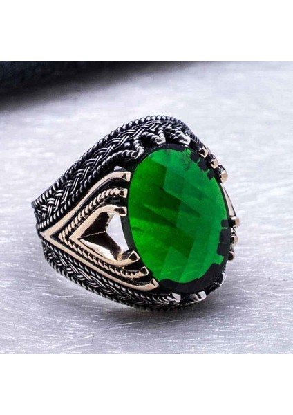 925 Ayar Gümüş Yeşil Zirkon Taşlı Erkek Yüzük