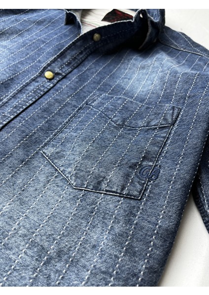 Slim Fit Saf Pamuk Denim Kumaş Kot Gömlek--Laci Çizki Eskitme-