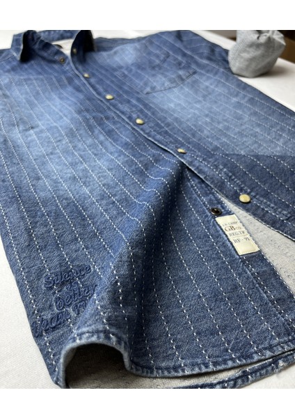 Slim Fit Saf Pamuk Denim Kumaş Kot Gömlek--Laci Çizki Eskitme-