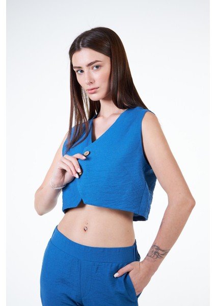 Mavi Kadın Keten Görünümlü Crop Yelek - Rebeca fırsatları