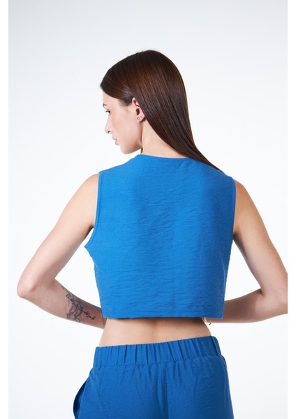 Mavi Kadın Keten Görünümlü Crop Yelek - Rebeca indirimleri