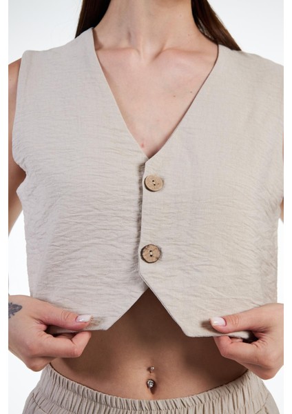 Bej Kadın Keten Görünümlü Crop Yelek - Rebeca