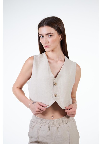 Bej Kadın Keten Görünümlü Crop Yelek - Rebeca fiyatları