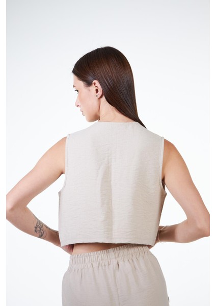 Bej Kadın Keten Görünümlü Crop Yelek - Rebeca modelleri