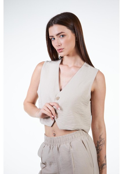 Bej Kadın Keten Görünümlü Crop Yelek - Rebeca fırsatları