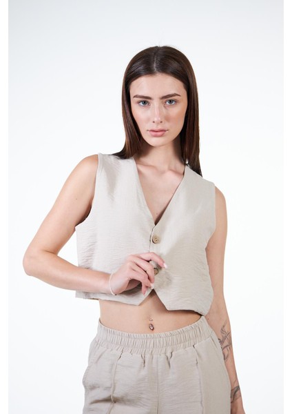 Bej Kadın Keten Görünümlü Crop Yelek - Rebeca indirimleri