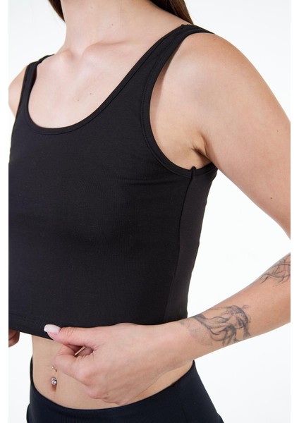 Siyah Kadın Askılı Crop Atlet Tshirt- Feeled