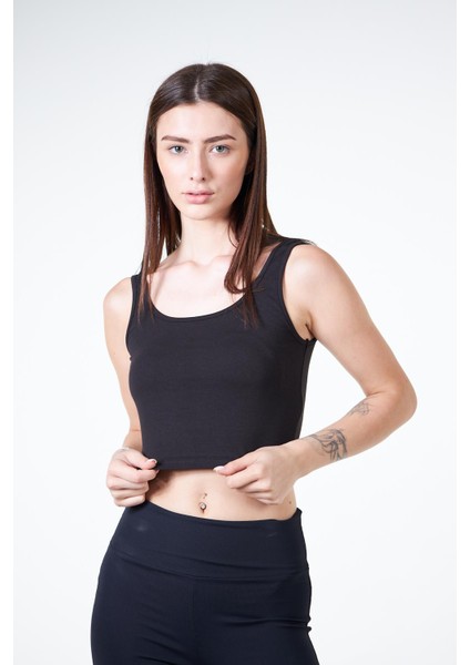 Siyah Kadın Askılı Crop Atlet Tshirt- Feeled indirimleri