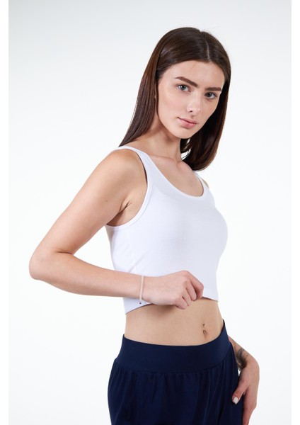 Beyaz Kadın Askılı Crop Atlet Tshirt- Feeled modelleri
