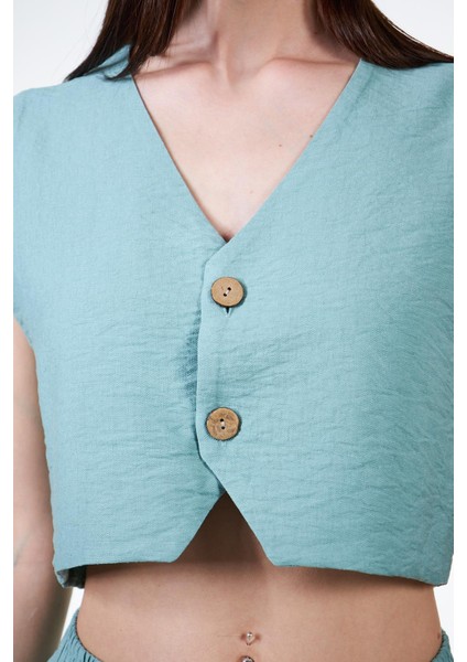 Yeşil Kadın Keten Görünümlü Crop Yelek - Rebeca