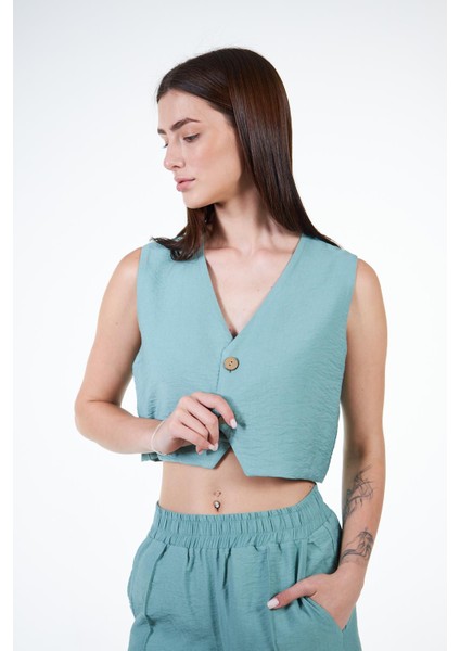 Yeşil Kadın Keten Görünümlü Crop Yelek - Rebeca fiyatları