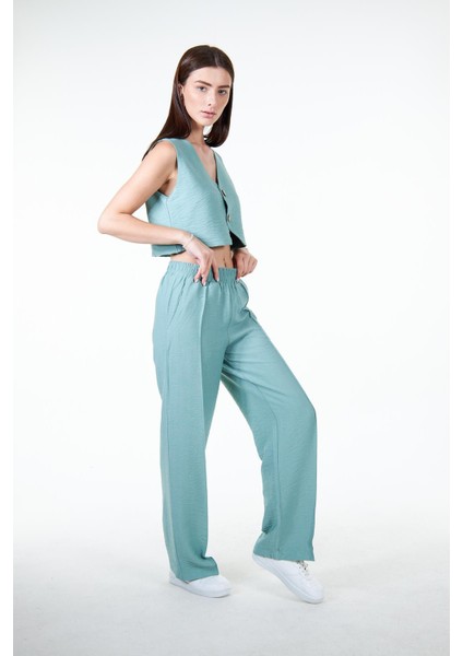 Yeşil Kadın Keten Görünümlü Crop Yelek - Rebeca modelleri