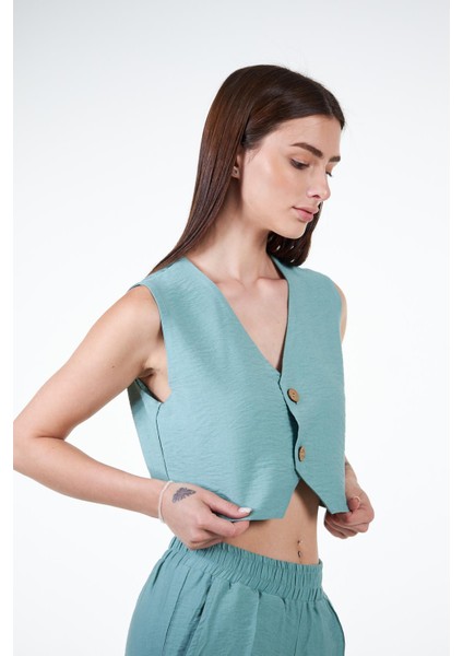 Yeşil Kadın Keten Görünümlü Crop Yelek - Rebeca fırsatları