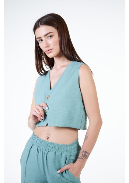 Yeşil Kadın Keten Görünümlü Crop Yelek - Rebeca indirimleri