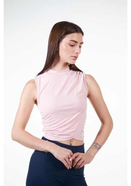 Rose Kadın Dik Yaka Kolsuz Drapeli Crop T-Shirt - Ivana