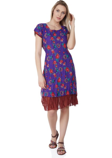 Kısa Kol Vual Defne Midi Boy Yazlık Otantik Elbise Mor 6084