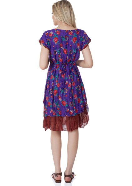 Kısa Kol Vual Defne Midi Boy Yazlık Otantik Elbise Mor 6084 fiyatları