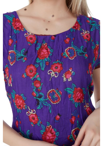 Kısa Kol Vual Defne Midi Boy Yazlık Otantik Elbise Mor 6084 modelleri