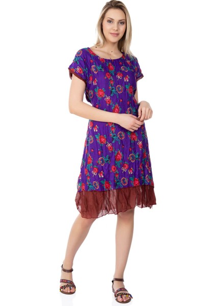 Kısa Kol Vual Defne Midi Boy Yazlık Otantik Elbise Mor 6084 fırsatları