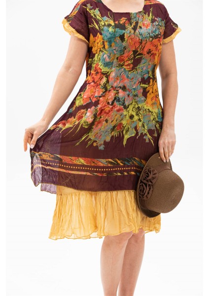 Kısa Kol Vual Defne Midi Boy Yazlık Otantik Elbise Koyu Bordo 6079 modelleri