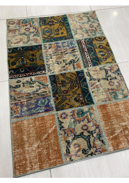 El Dokuma Patchwork Halı 83X118 Renkli Yamalı Yün Küçük Hal !