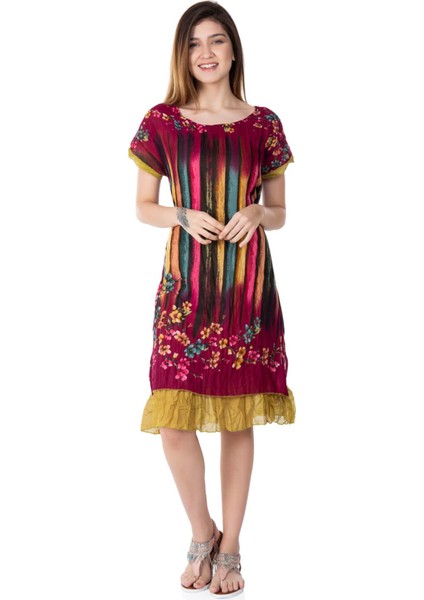 Kısa Kol Vual Defne Midi Boy Yazlık Otantik Elbise Bordo 6092