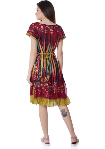 Kısa Kol Vual Defne Midi Boy Yazlık Otantik Elbise Bordo 6092 fiyatları