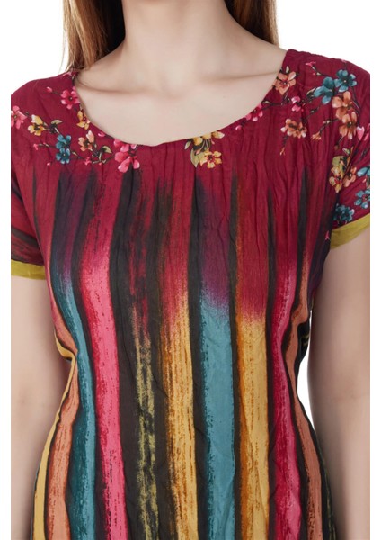 Kısa Kol Vual Defne Midi Boy Yazlık Otantik Elbise Bordo 6092 modelleri