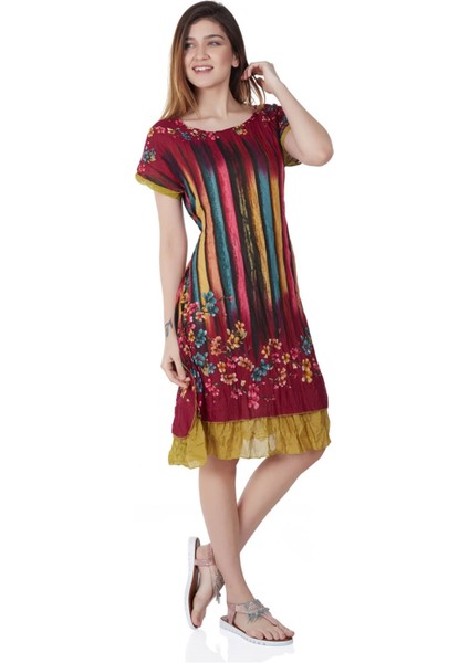 Kısa Kol Vual Defne Midi Boy Yazlık Otantik Elbise Bordo 6092 fırsatları