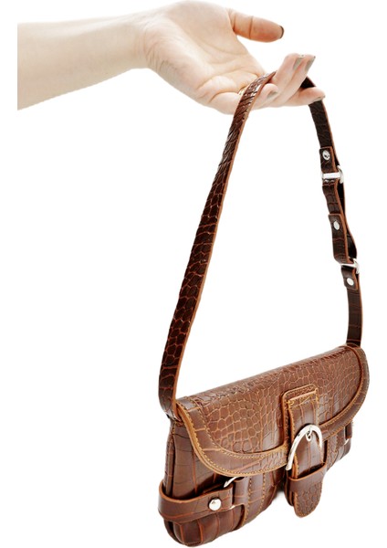 Bags Clyde Kahverengi Kadın Toka Detaylı Kroko Baget Omuz ve El Çantası fırsatları