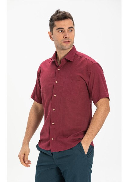 Büyük Beden Kısa Kol Tek Cepli Erkek Gömlek Koyu Bordo 3068