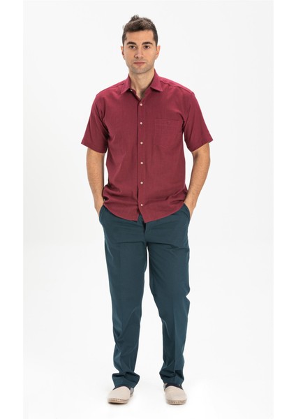 Büyük Beden Kısa Kol Tek Cepli Erkek Gömlek Koyu Bordo 3068 modelleri