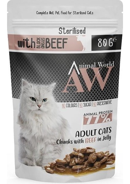 Animal World Pounch Sterilised Jöleli Parça Sığır Etli Kısırlaştırılmış Kedi Yaş Mama 80GR