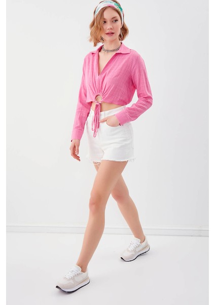 Beli Halka Detaylı V Yaka Lastikli Crop Bluz modelleri