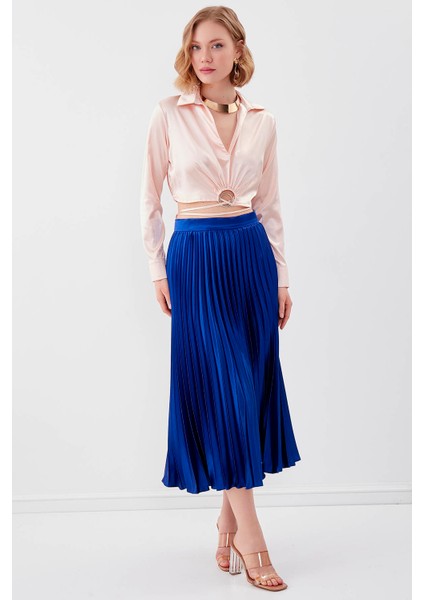Bel Kısmı Detaylı Crop Saten Bluz