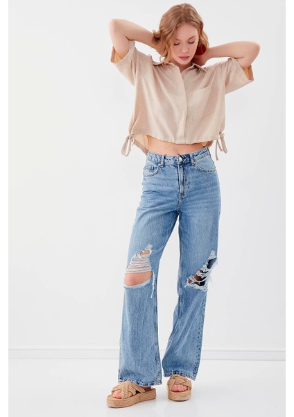 Beli Lastikli Tek Cep Crop Gömlek