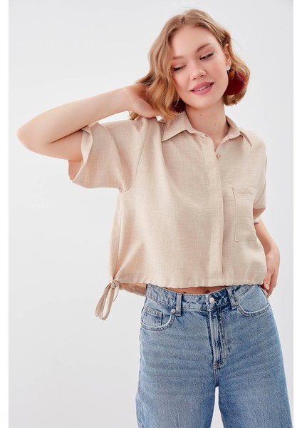 Beli Lastikli Tek Cep Crop Gömlek