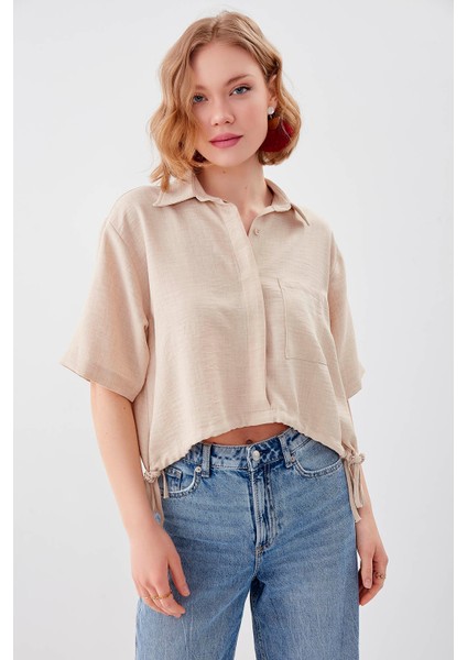 Beli Lastikli Tek Cep Crop Gömlek