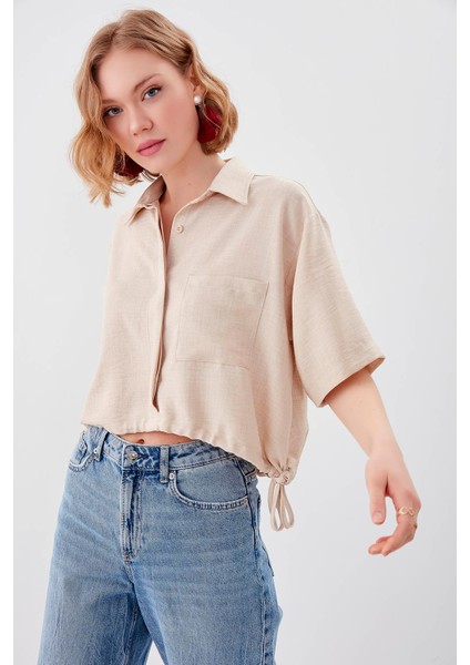 Beli Lastikli Tek Cep Crop Gömlek